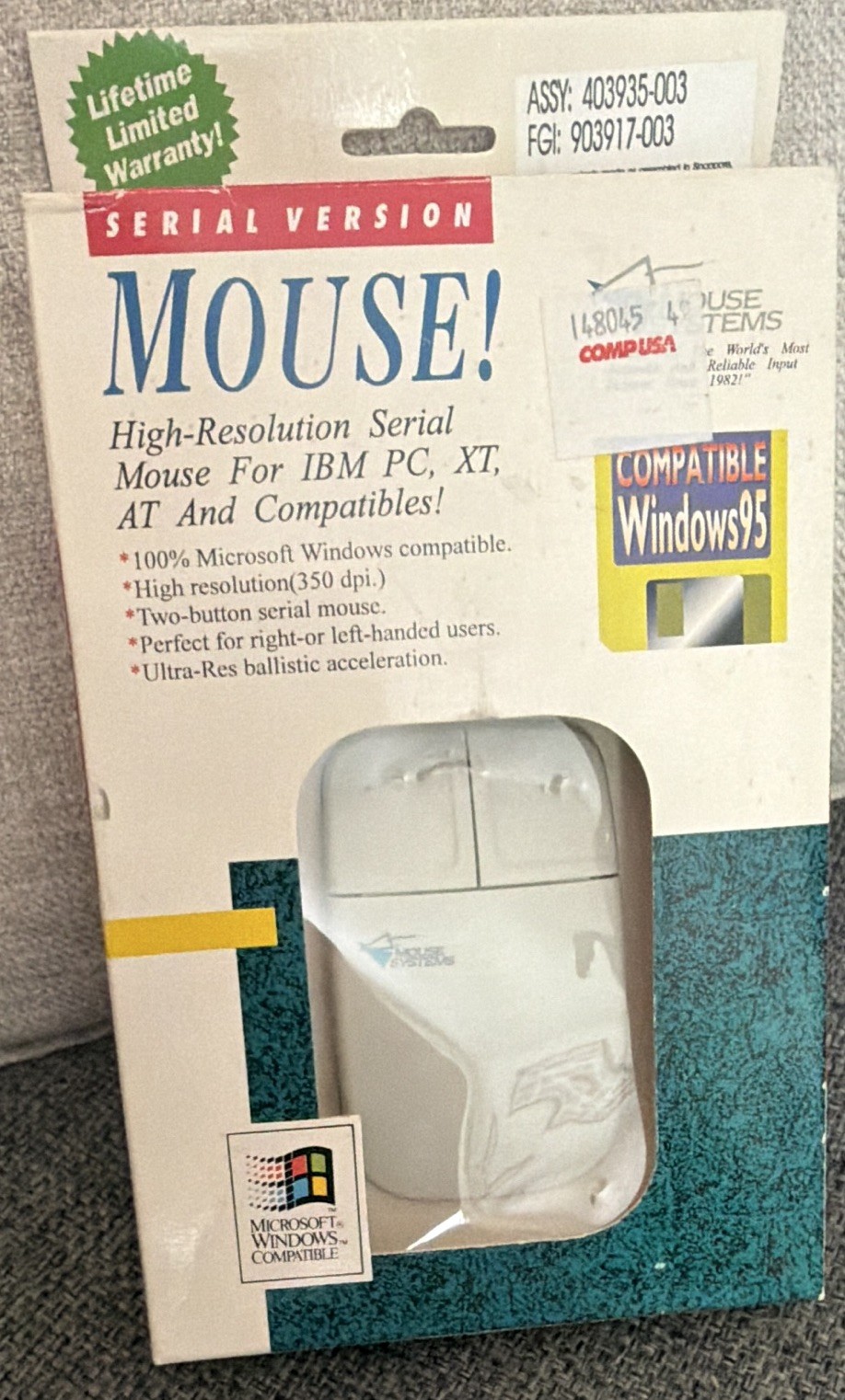 VTG 1993 Mouse Systems Mouse Serial RS-232 2-Button 350 DPI Mechanical White 