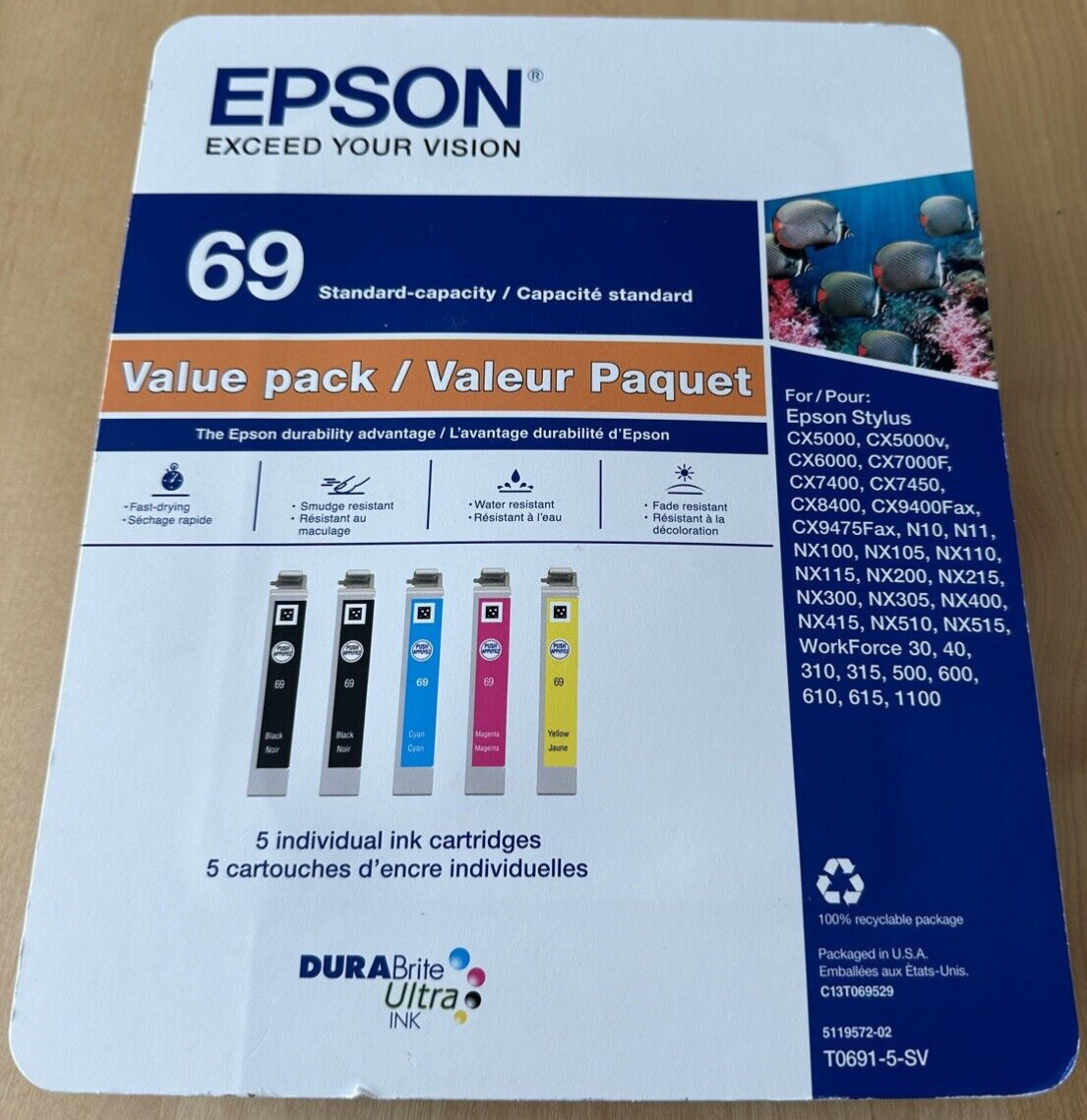 Genuine Epson 69 Black Tri-Color Ink Cartridges Value 5-Pack NEW SEALED Exp 7/18