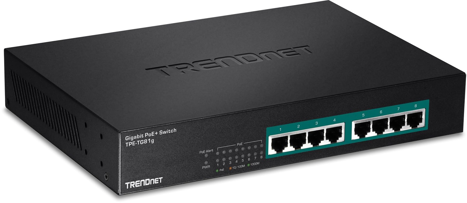 TRENDnet 8-Port Gigabit GREENnet PoE+ Switch, TPE-TG81g, 8 x 110W, Black