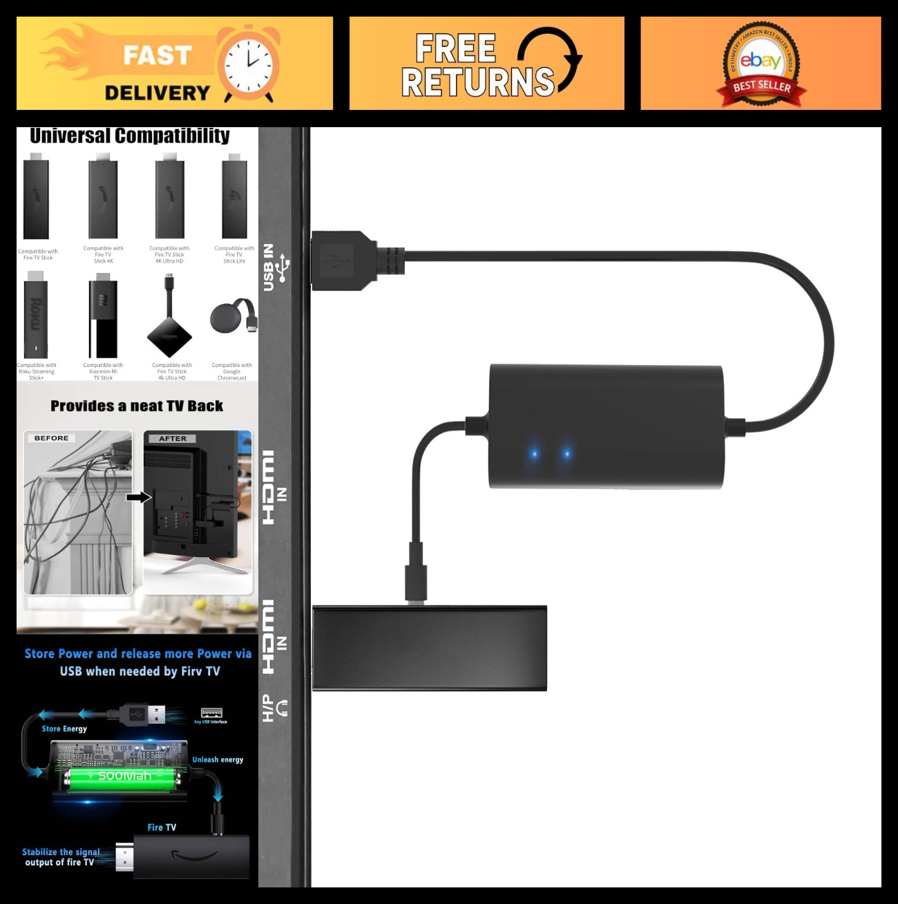 USB Power Cable Adapter for Fire TV Stick - 4K Video Support, Cord Organizer, 20