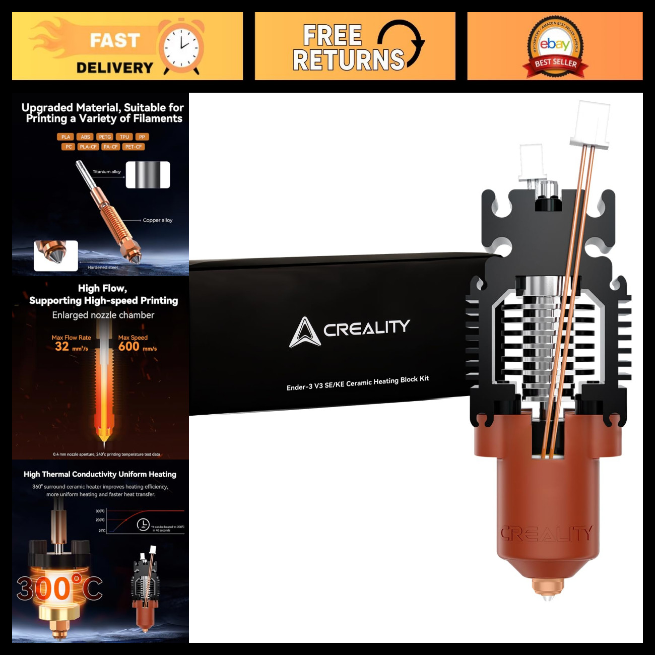 3D Printer Hotend Upgrade Kit, Ceramic Heating Block, Quick-Swap Nozzle, 300°C,