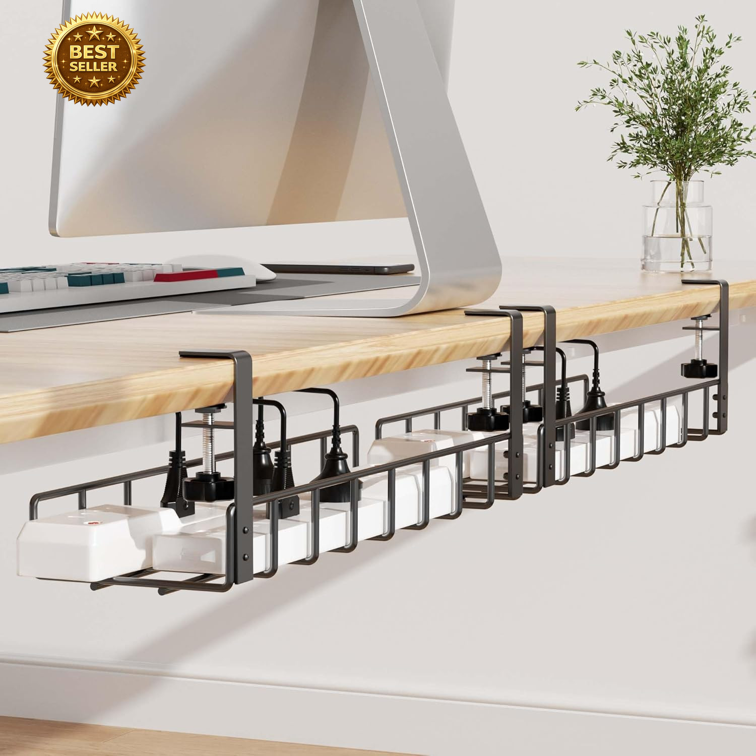 2 Pack Under Desk Cable Management Tray 31.4 Inch No Drill Clamp Metal Wire Orga