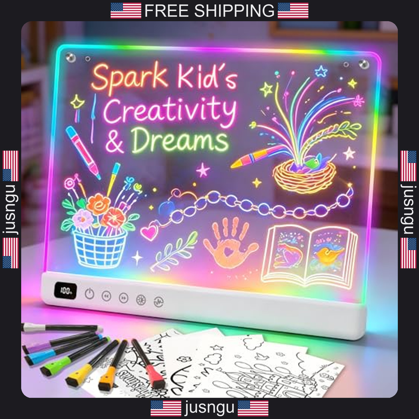 LED Drawing Board with RGB Colors and Dynamic Modes, 16-Inch Rechargeable Light
