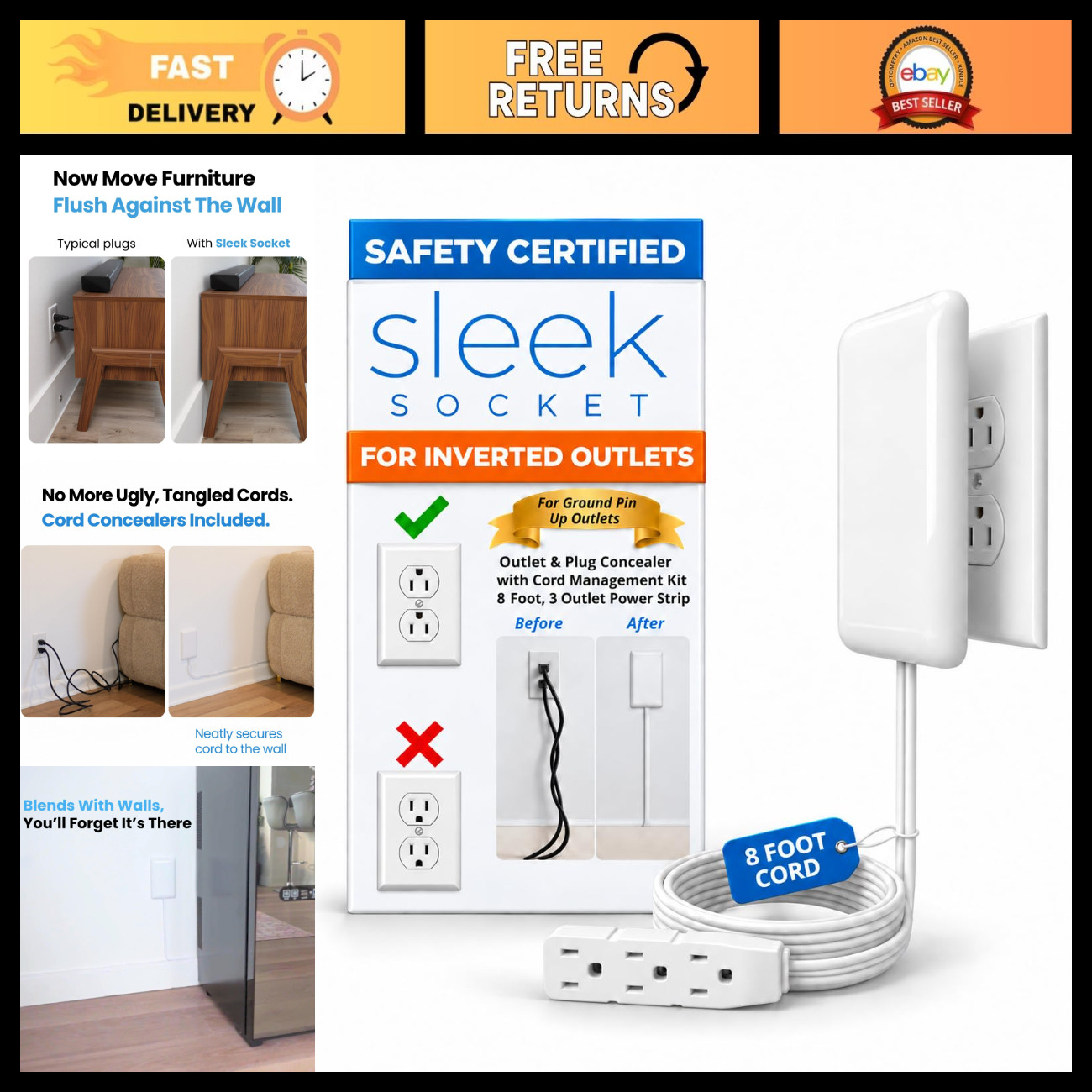 Ultra-Thin Outlet Concealer Kit, Flat Extension Cord Power Strip, Hide Messy Cor