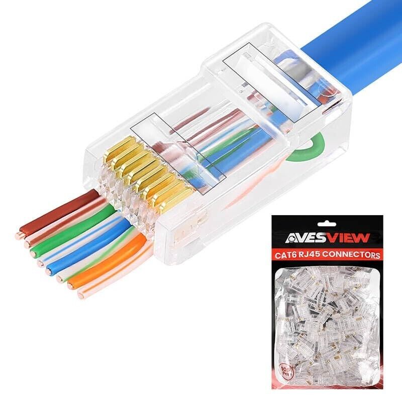 AvesView 100-Pack Cat 6 RJ45 Pass Through Connectors For UTP Ethernet Cable