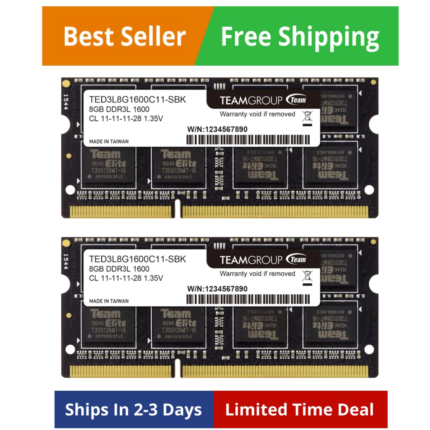 Elite 16GB Kit 2 x 8GB 1600MHz PC3-12800 CL11 Unbuffered Non-ECC 1.35V SODIMM...