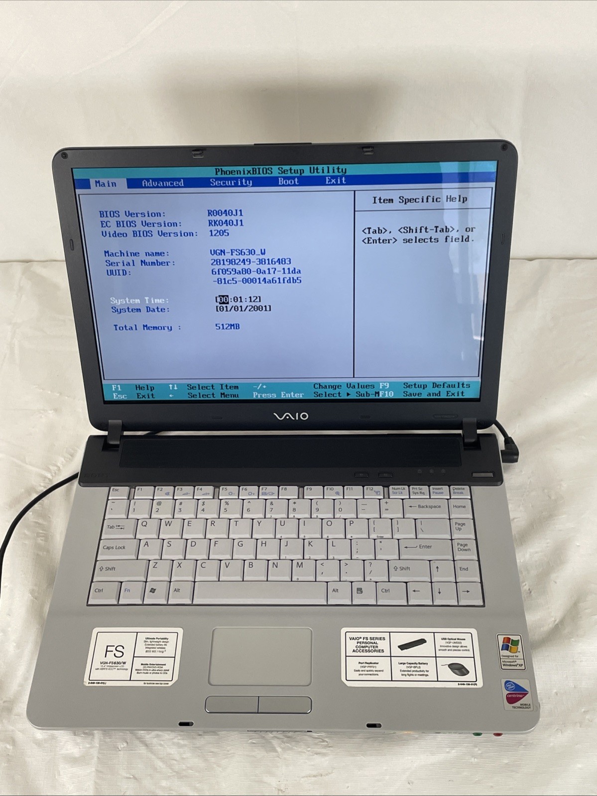 Sony Vaio VGN-FS630W Laptop |  Intel Pentium (1.73 GHz) | 512MB RAM | No HDD |BB