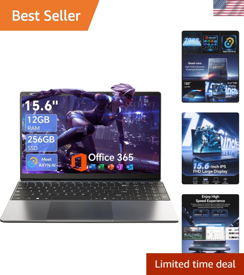 Light Gray 15.6" FHD Laptop: High Performance with 12GB RAM & 256GB SSD & USB-C