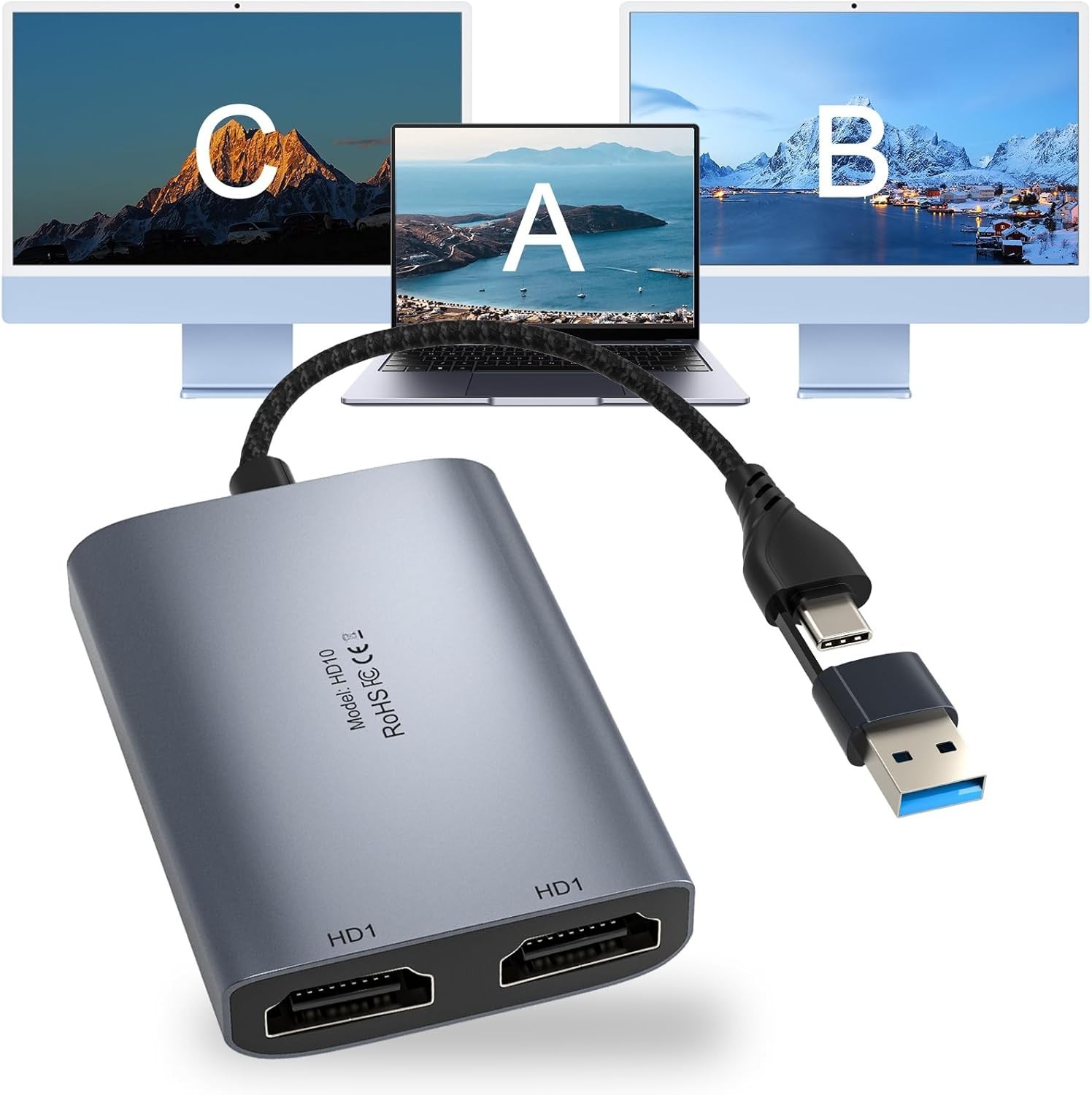 USB C to Dual HDMI Adapter 1080P 60Hz Multi-Monitor Splitter for Laptop/PC/Mac