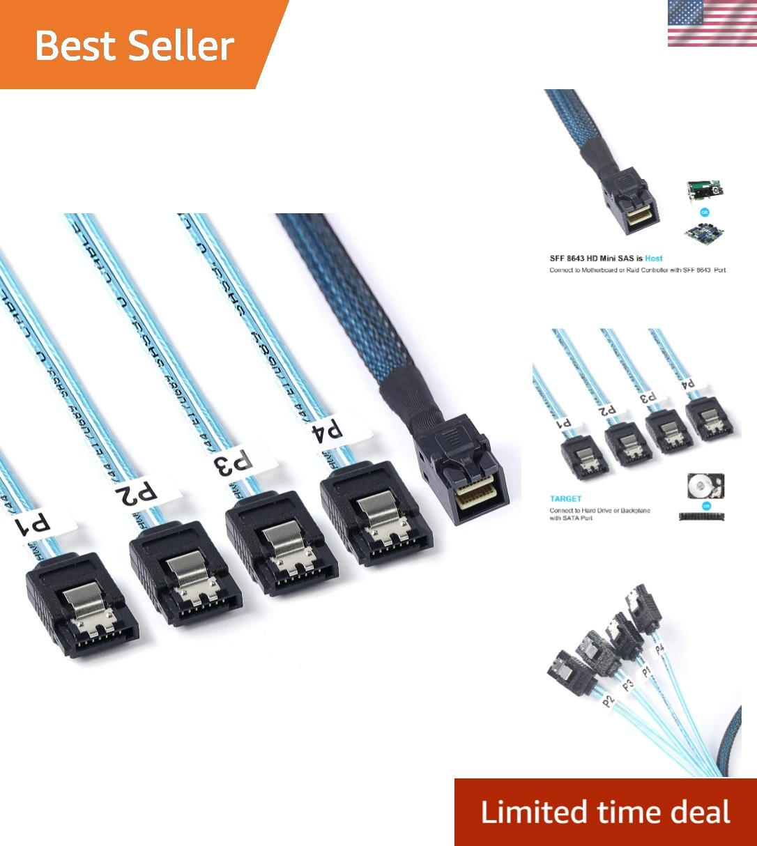 2Pack SFF-8643 to SATA:1M Mini-SAS to SATA Forward Breakout