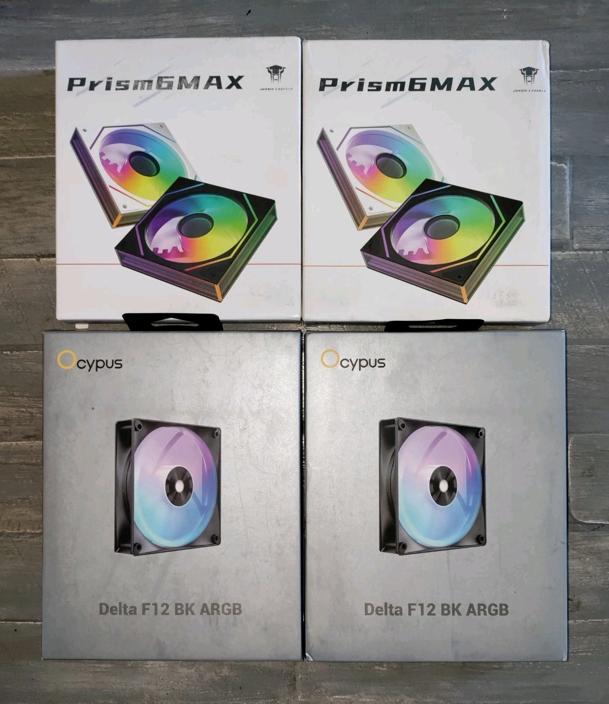 4x Total PC Case Fan Lot- 2x Prism6Max WH Forward + 2x Ocypus Delta F12 BK ARGB