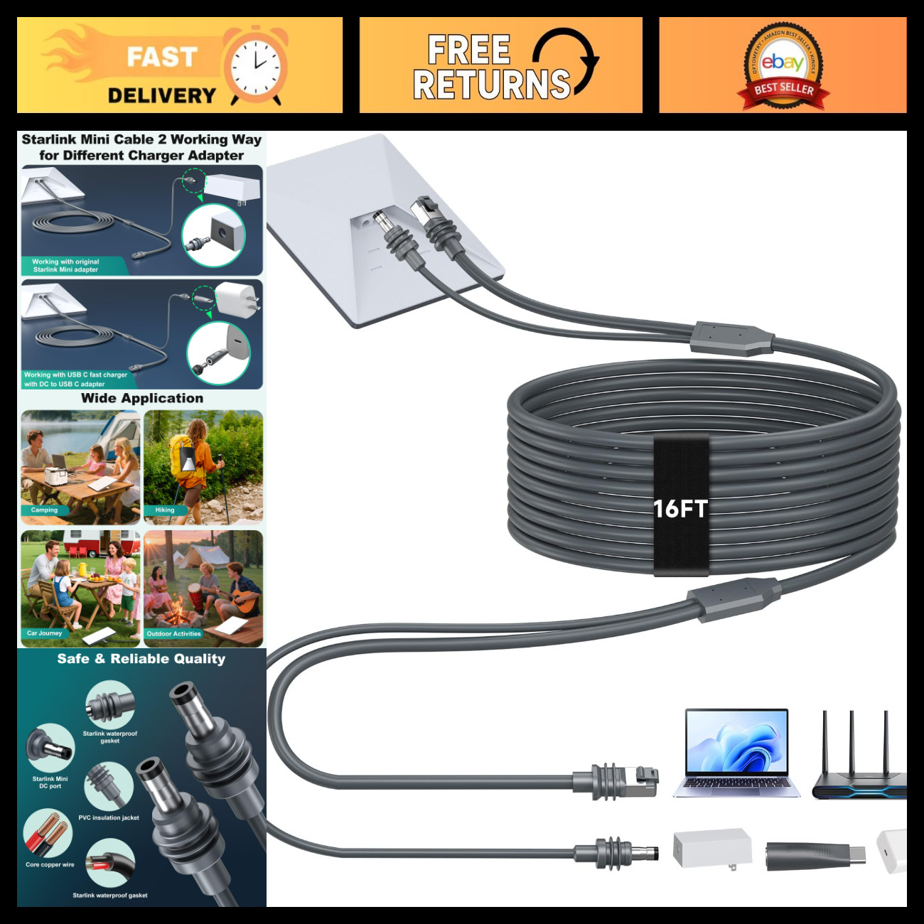 2-in-1 Starlink Mini Ethernet Cable 16.4FT/5M, High-Speed Network Connection