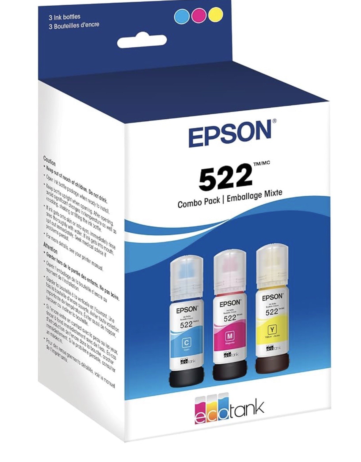 3 Pack EPSON 522 EcoTank Ink Ultra-high Capacity Bottle Color Combo Exp:12/27