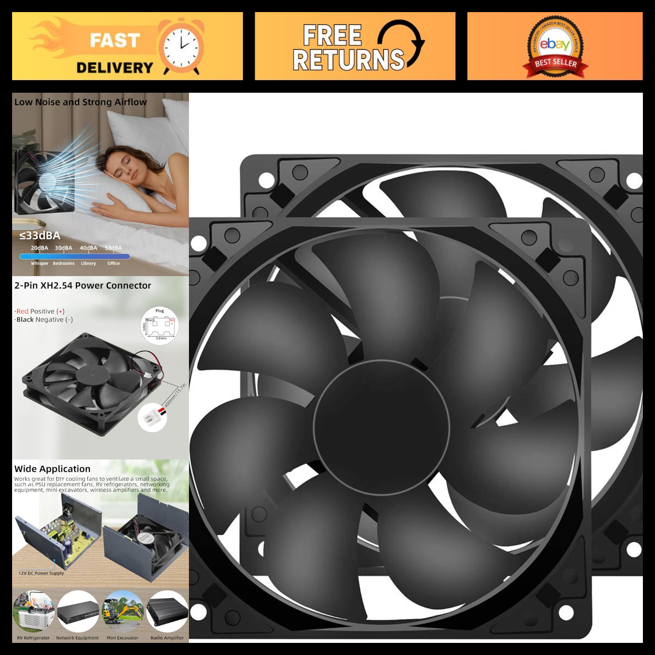 12V DC Cooling Fan 120mm 2-Pack, 120x120x25mm, 1600RPM, Quiet & Efficient 2-Wire