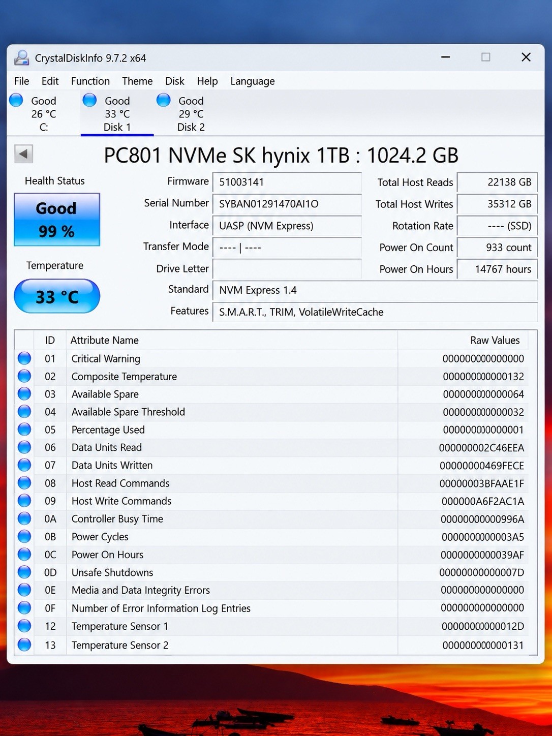 SK hynix PC801 1TB M.2 2280 NVMe PCIe Gen 4.0 SSD 99% Health