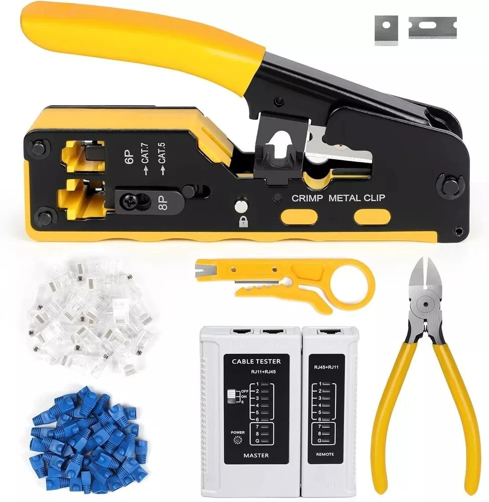 RJ45 Crimp Tool Kit Ethernet Pass through Crimper Network Cat5 Cat6 Cat7