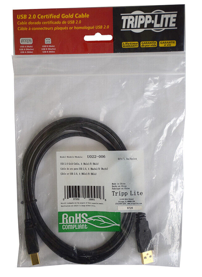 Tripp-Lite U022-006 NEW 6 ft USB 2.0 Gold Cable A Male-B Male Data Cable, RoHS
