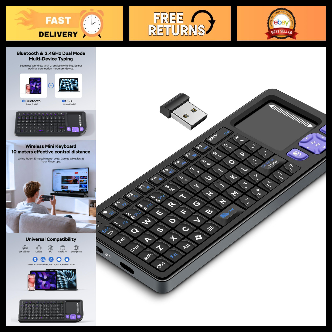 Mini Wireless Keyboard with Touchpad, Easy Media Control, Compact Design - Black