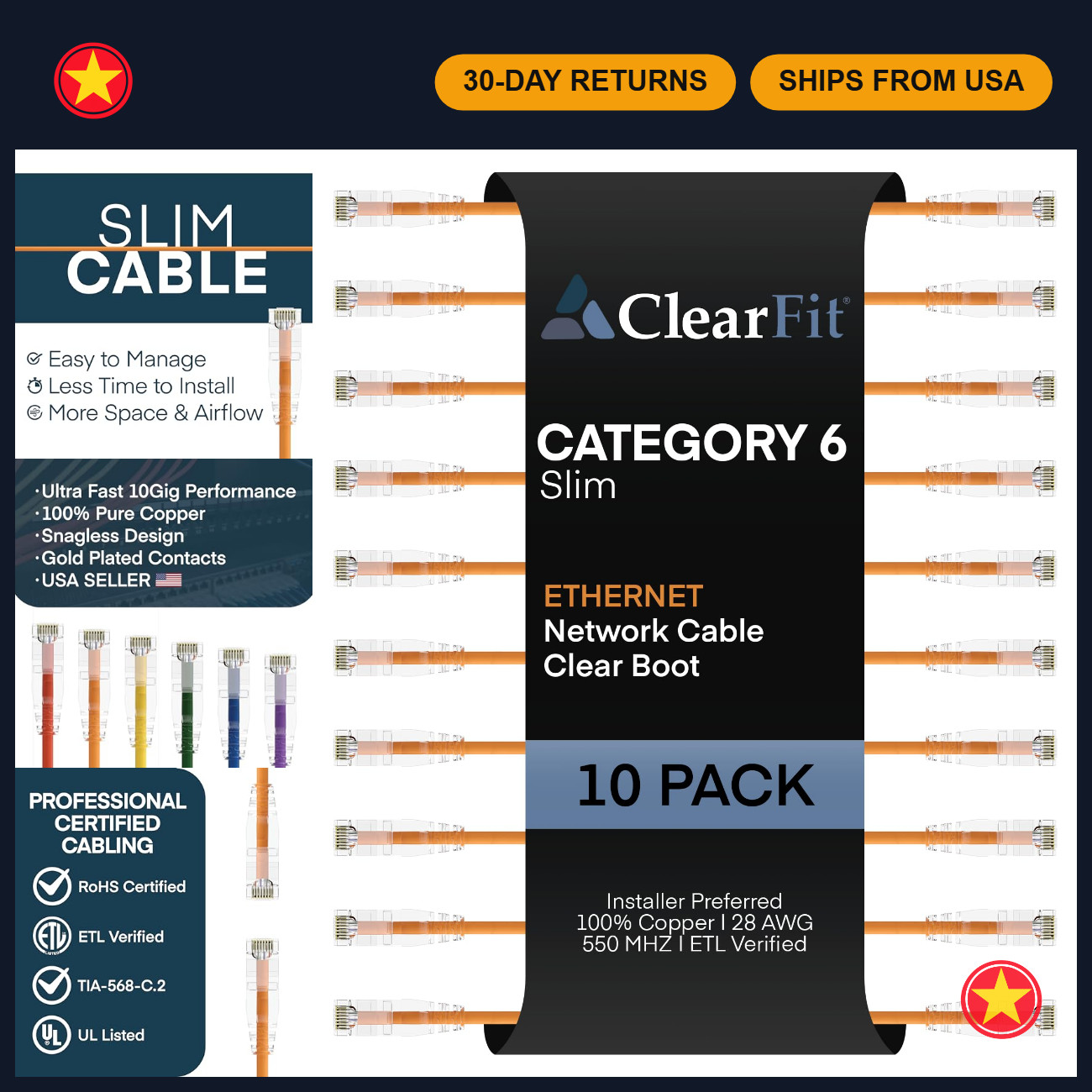 Slim 10-Pack 7FT Cat6 Ethernet Cables, 28AWG High-Speed LAN Patch Cord, Clear Bo