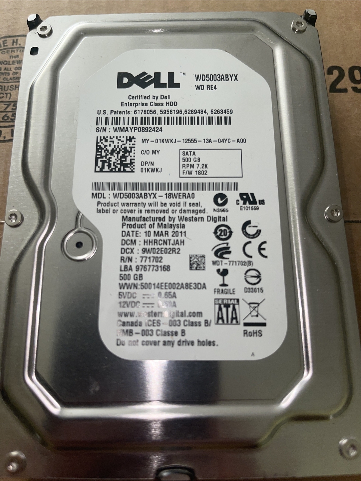 Western Digital / Dell WD5003ABYX RE4 01KWKJ 500GB 7.2K 3.5"
