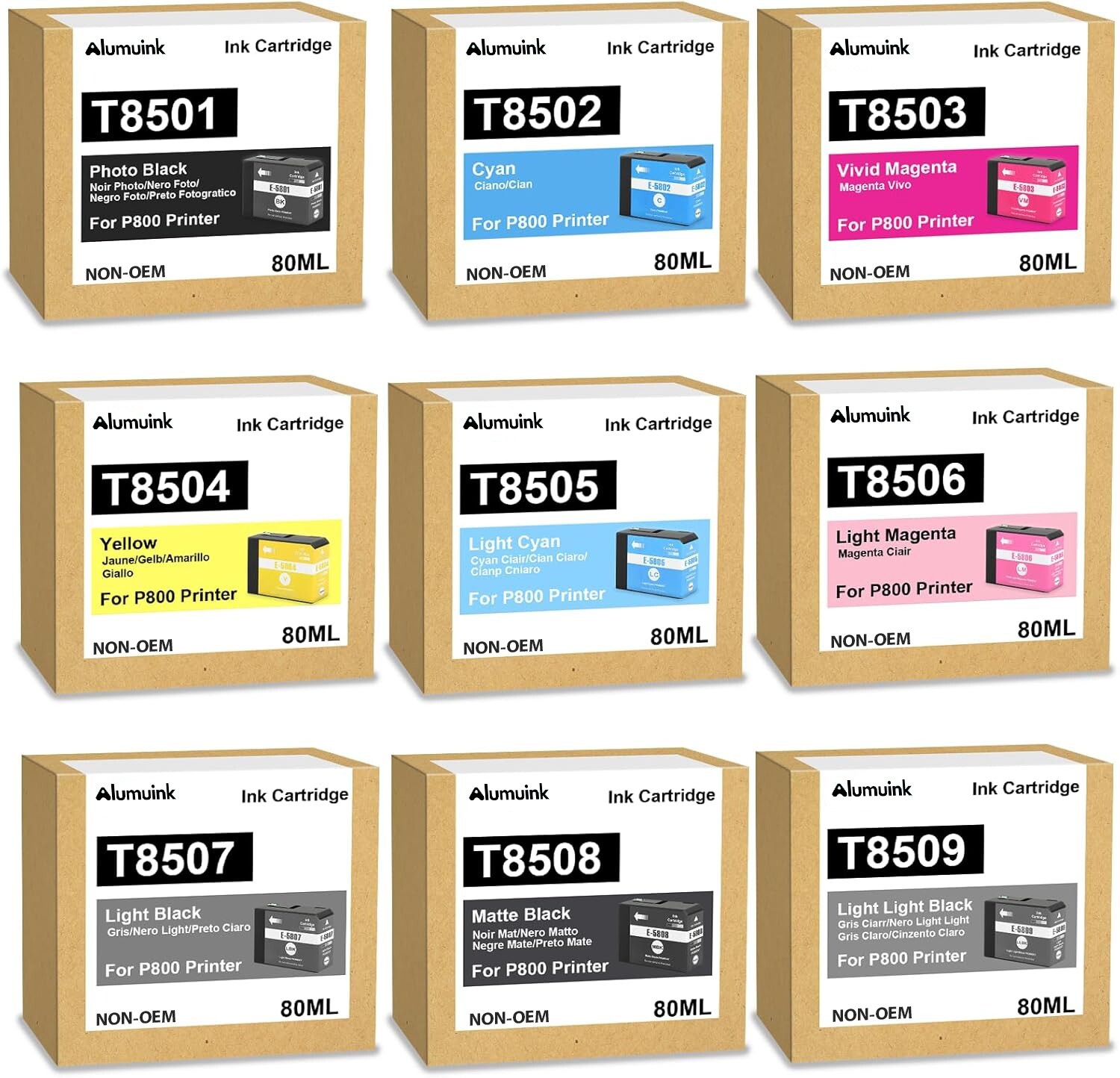 T850 Ink Cartridge for Epson SureColor P800 (9-Pack,T8501 T8509 High Yield) 80ML