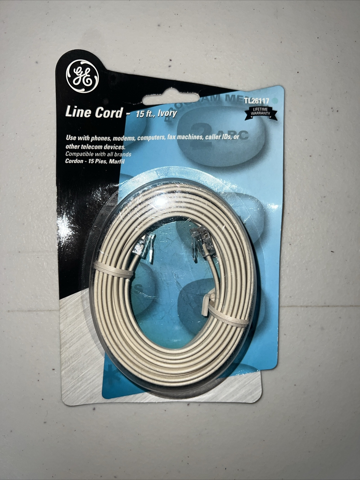NEW GE TL26117 6P4C Telephone Line Cord - 15 FT,  IVORY for 1 or 2 lines/DSL/FAX