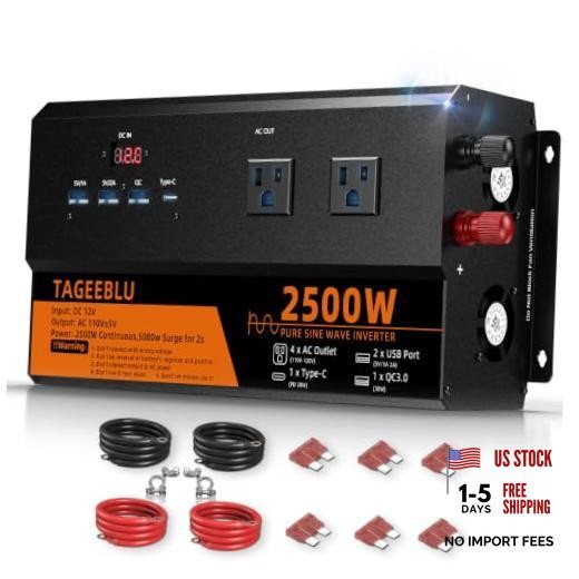 Pure Sine Wave Inverter 2500 Watt 12V DC to 110V 120V AC 5000W Peak 2500W