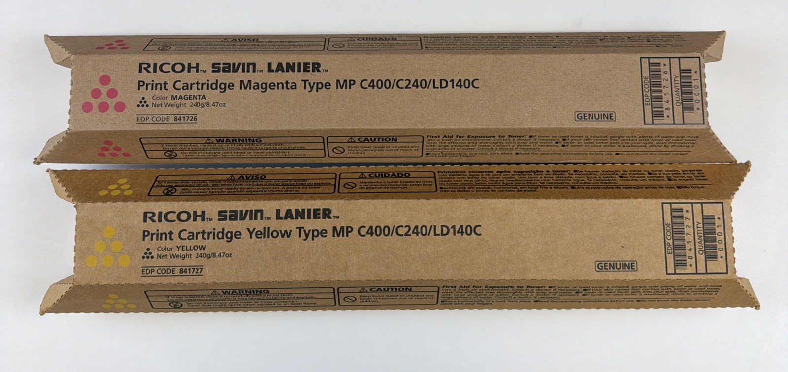 (2) Ricoh Savin Lanier Toners - 841726 Magenta, 841727 Yellow for MP C401SR
