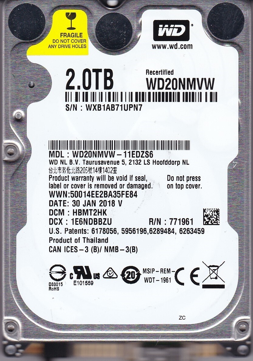 WD20NMVW-11EDZS6 dcm: HBMT2HK JAN 2018 Thailand 2TB 2.5" USB 3.0 Western Digital