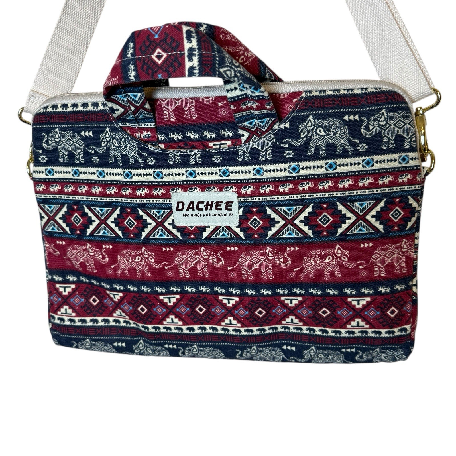Dachee Laptop Shoulder Messenger Bag Red Elephant Pattern Canvas Waterproof 15"