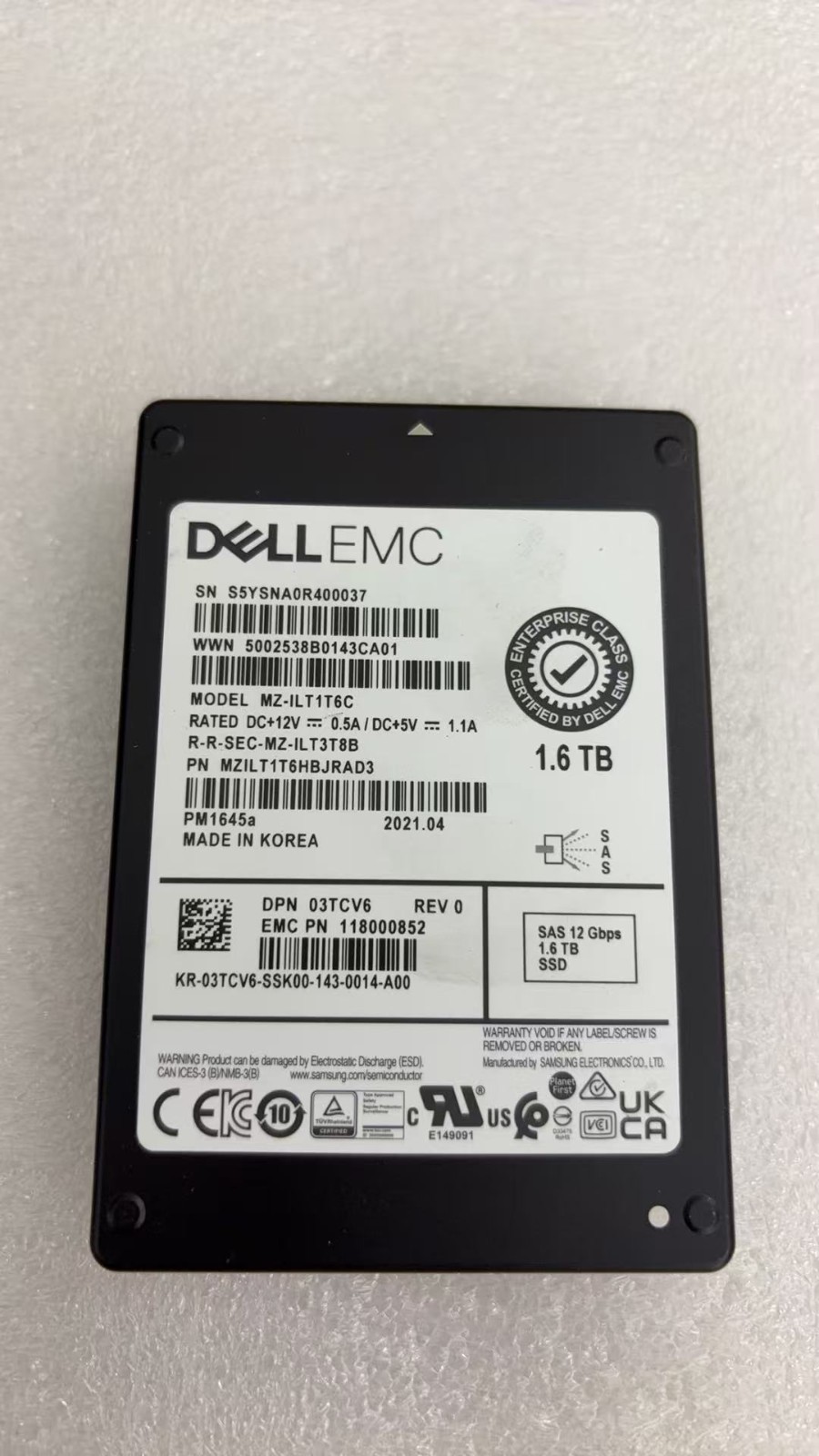 Dell 03TCV6 118000852 MZ-ILT1T6C MZILT1T6HBJRAD3 PM1645a 1.6TB SAS 12Gb/s SSD
