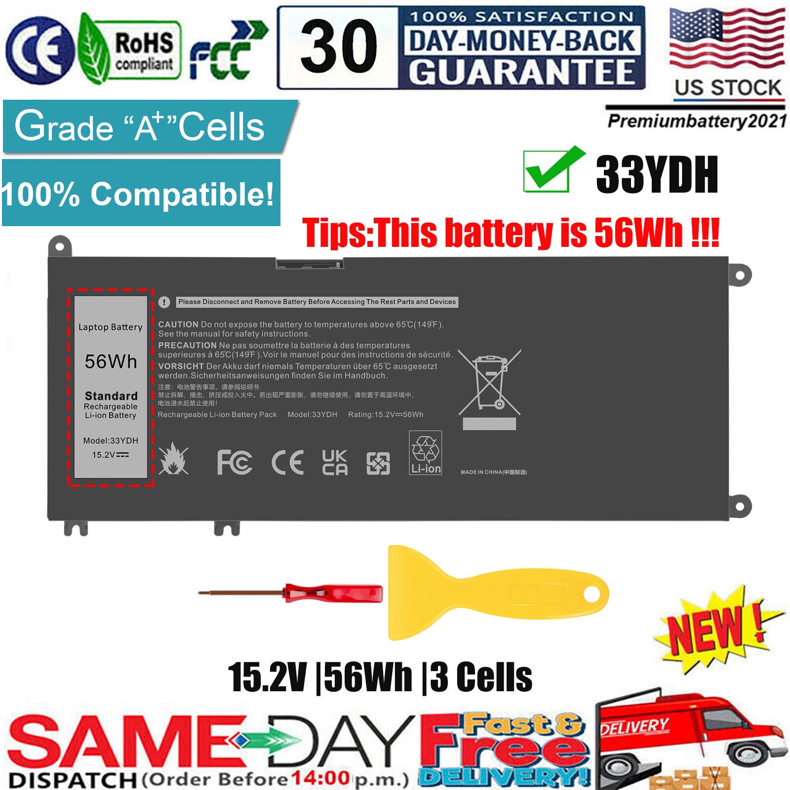 33YDH Battery For Dell Latitude 3380 3480 3490 3580 3590 Inspiron 7577 7586 56Wh