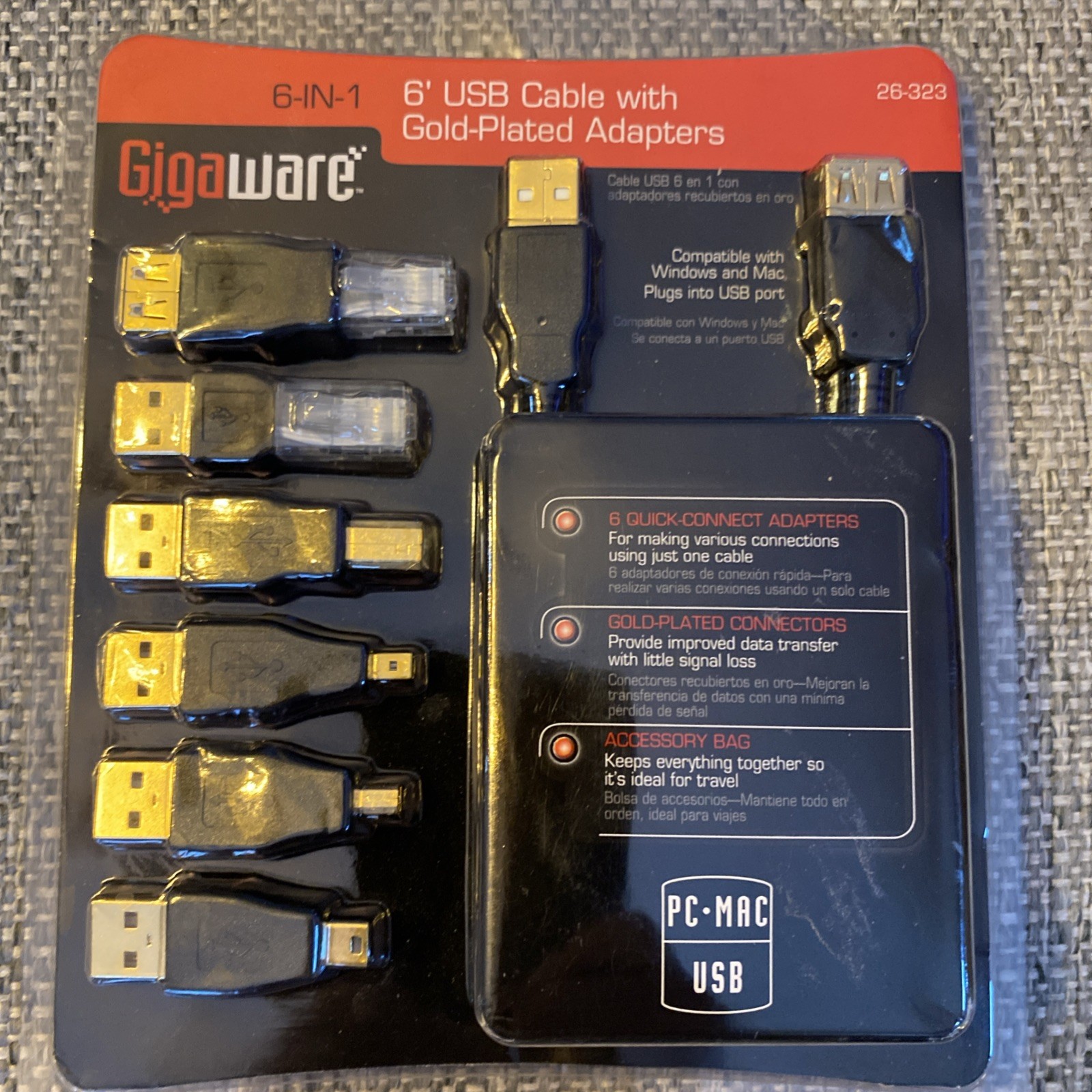 NEW GIGAWARE 6-IN-1 USB CABLE WITH GOLD PLATED ADAPTERS-PC-MAC