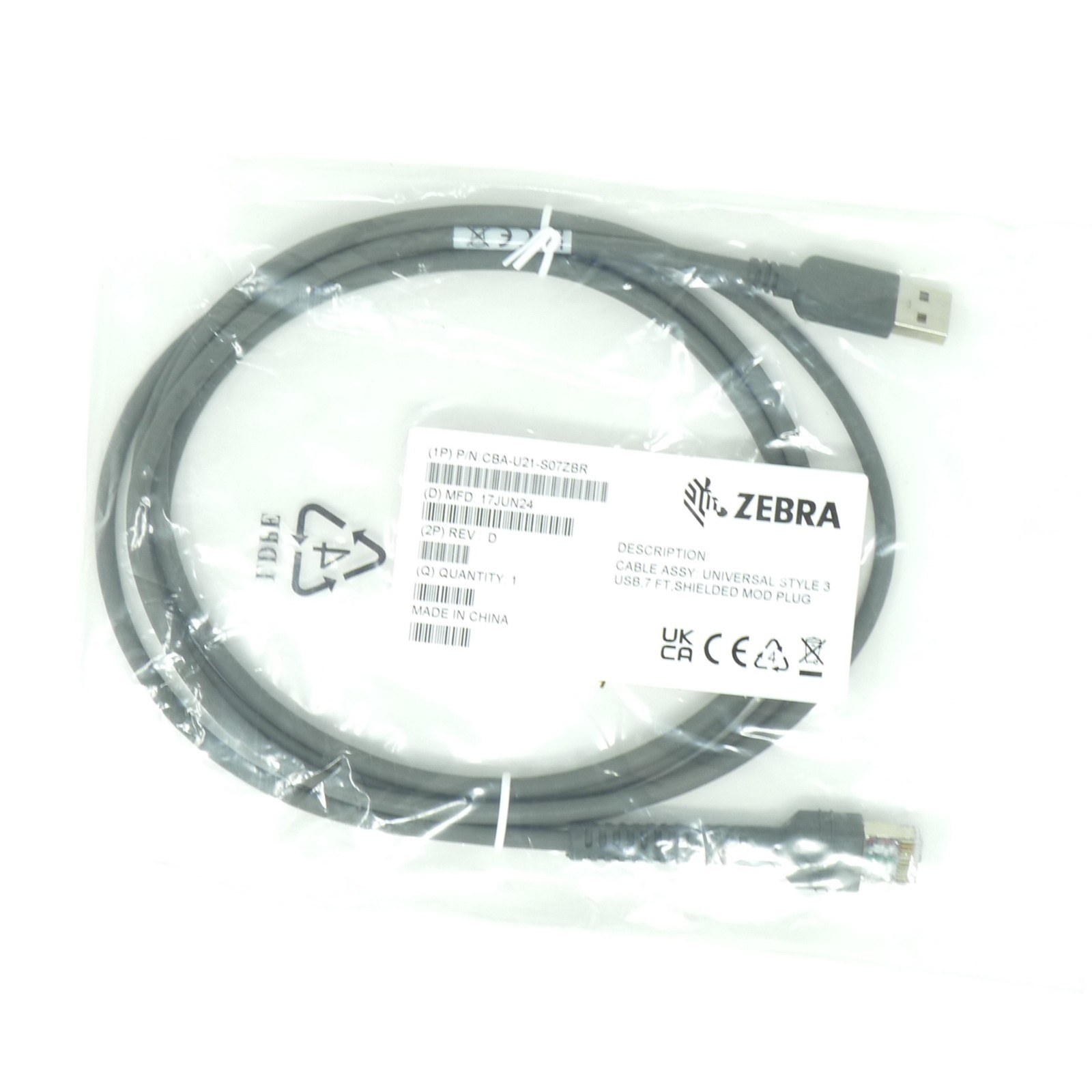 Zebra 7ft USB Data Transfer Cable CBA-U21-S07ZBR NIP