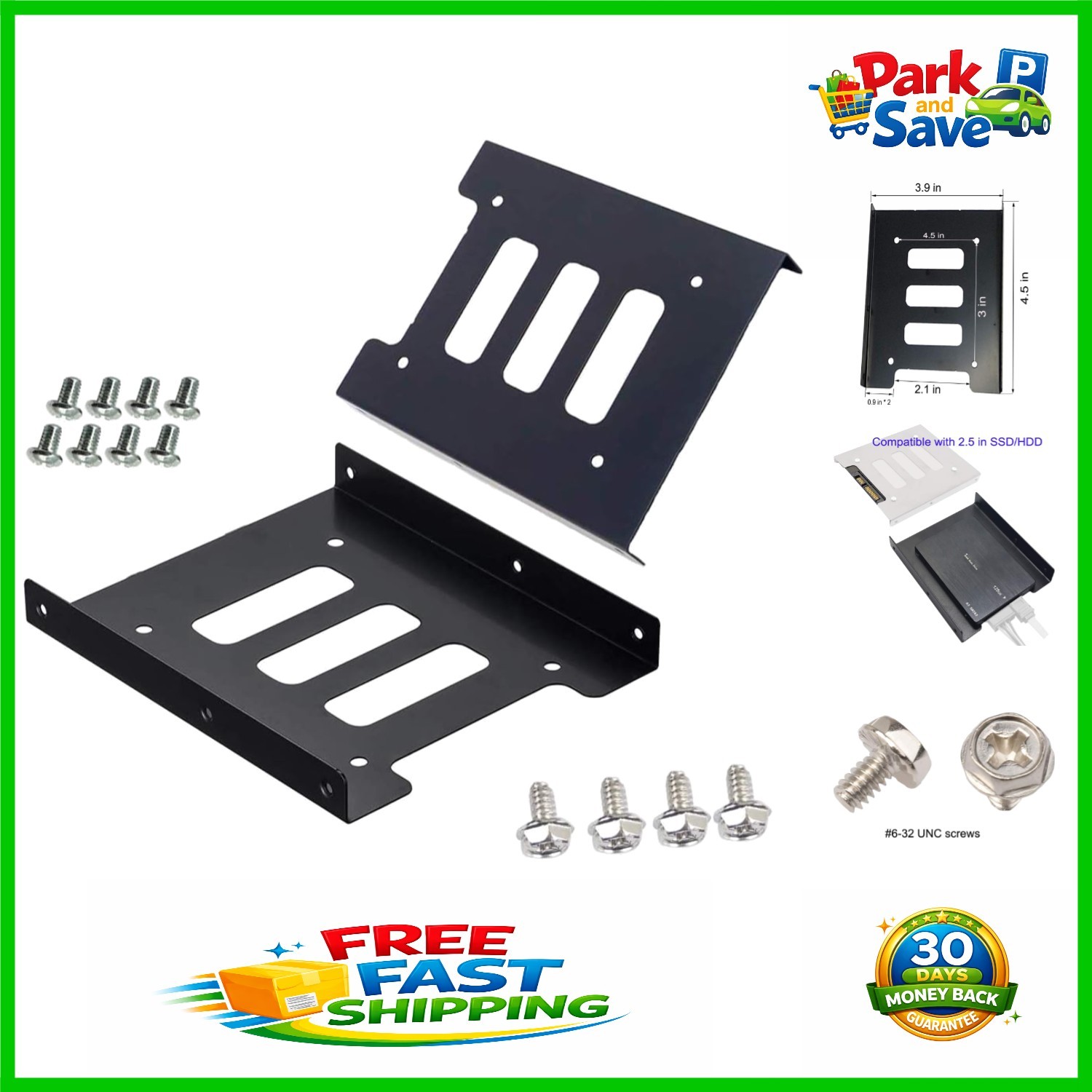 Compact Black Metal Hard Drive Mounting Bracket Adapter for Desktop - 2 Pack