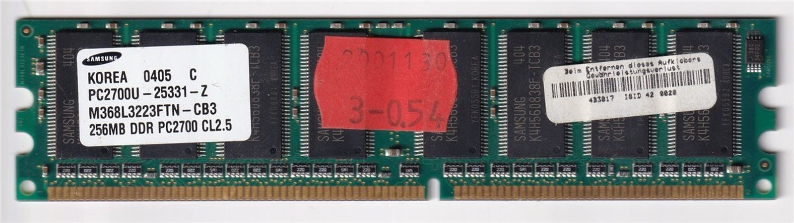 Samsung, 256MB, DDR PC2700, 333MHz CL2.5, 184-Pin, DIMM RAM, M368L3223FTN-CB3