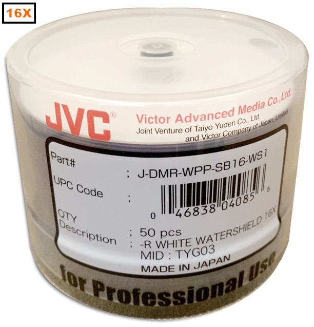 50-Pak JVC (made in Japan) WATERSHIELD & GLOSSY White Inkjet Hub 16X DVD-R's