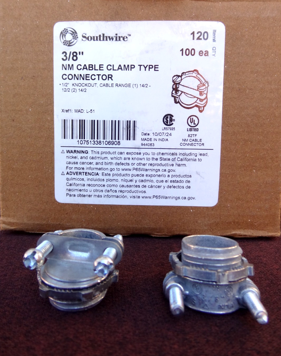 (100 ea) Southwire # 120 3/8" NM Cable Clamp Type Connectors 1/2" Knockout