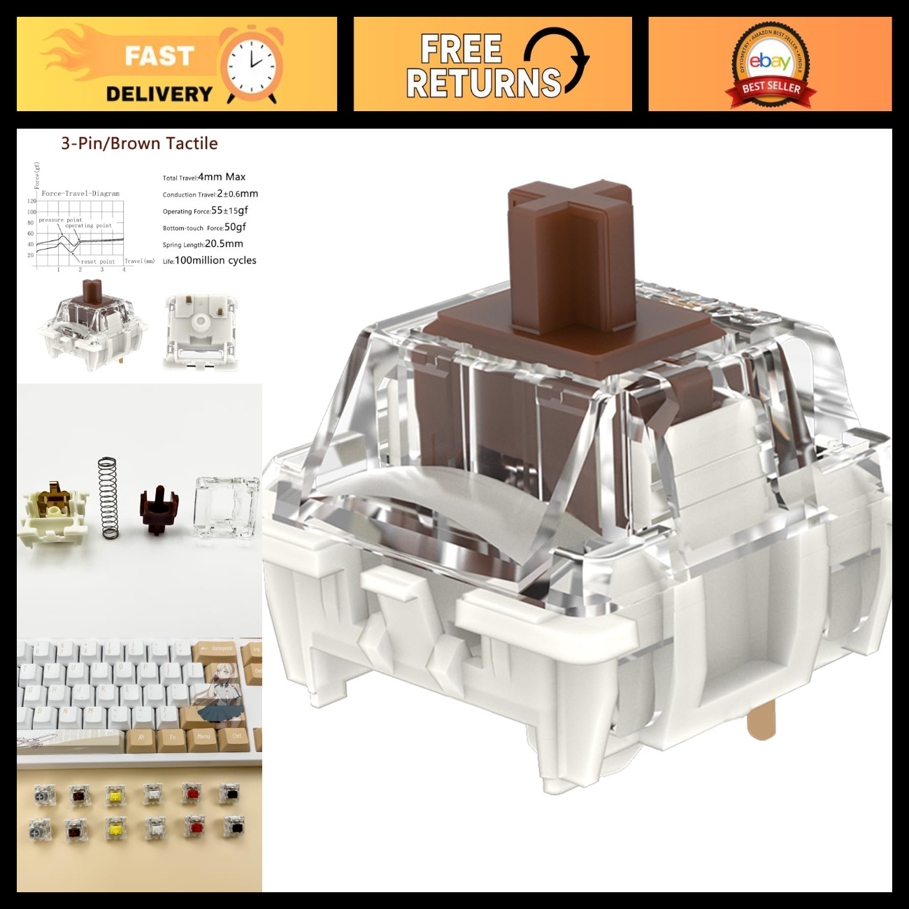 Tactile Brown Mechanical Keyboard Switches, 3-Pin, Pre-Lubed, 55gf, 108pcs