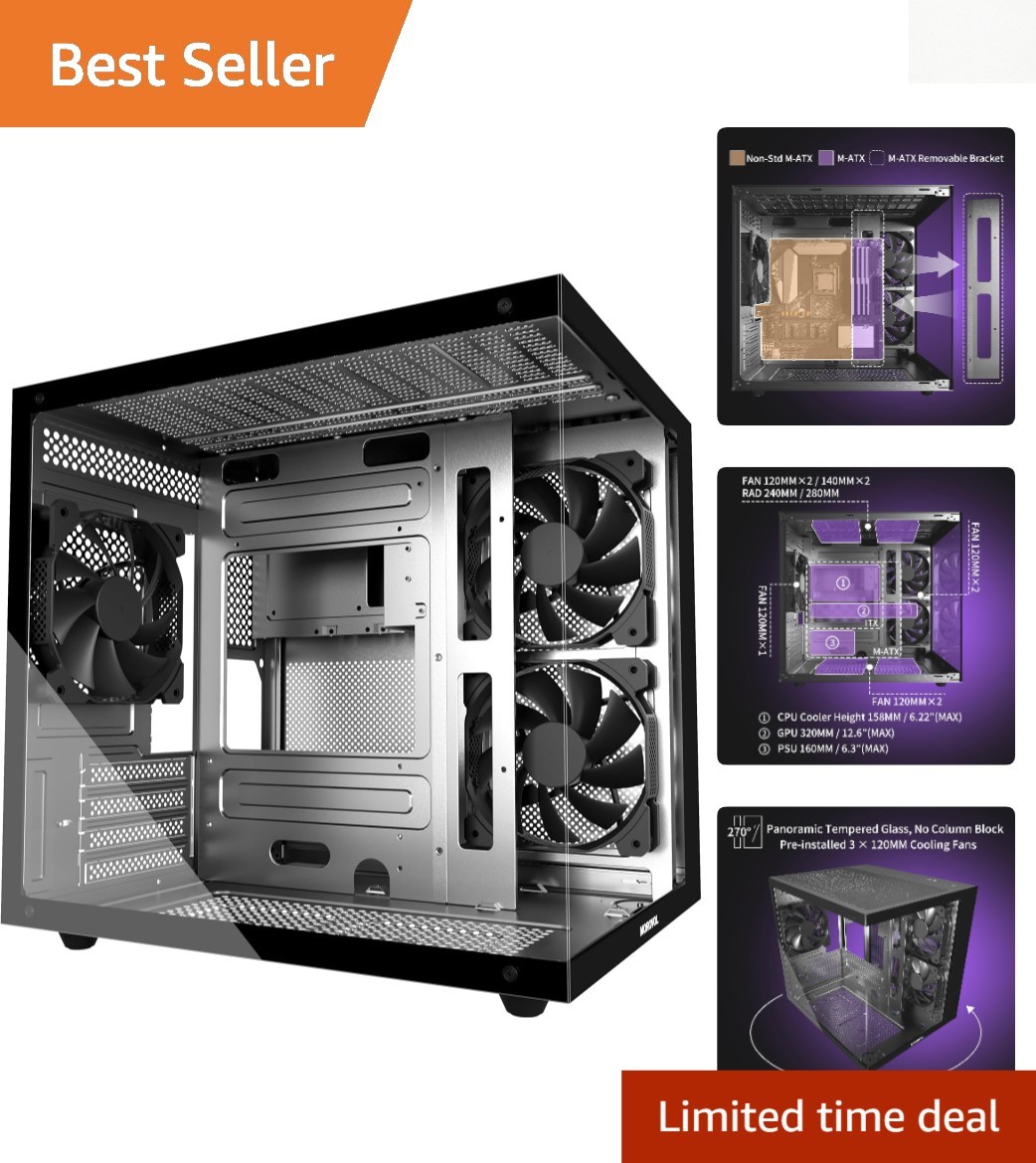 Stylish MATX Gaming PC Case with 270° Glass Panel & 3 Pre-Installed Fans