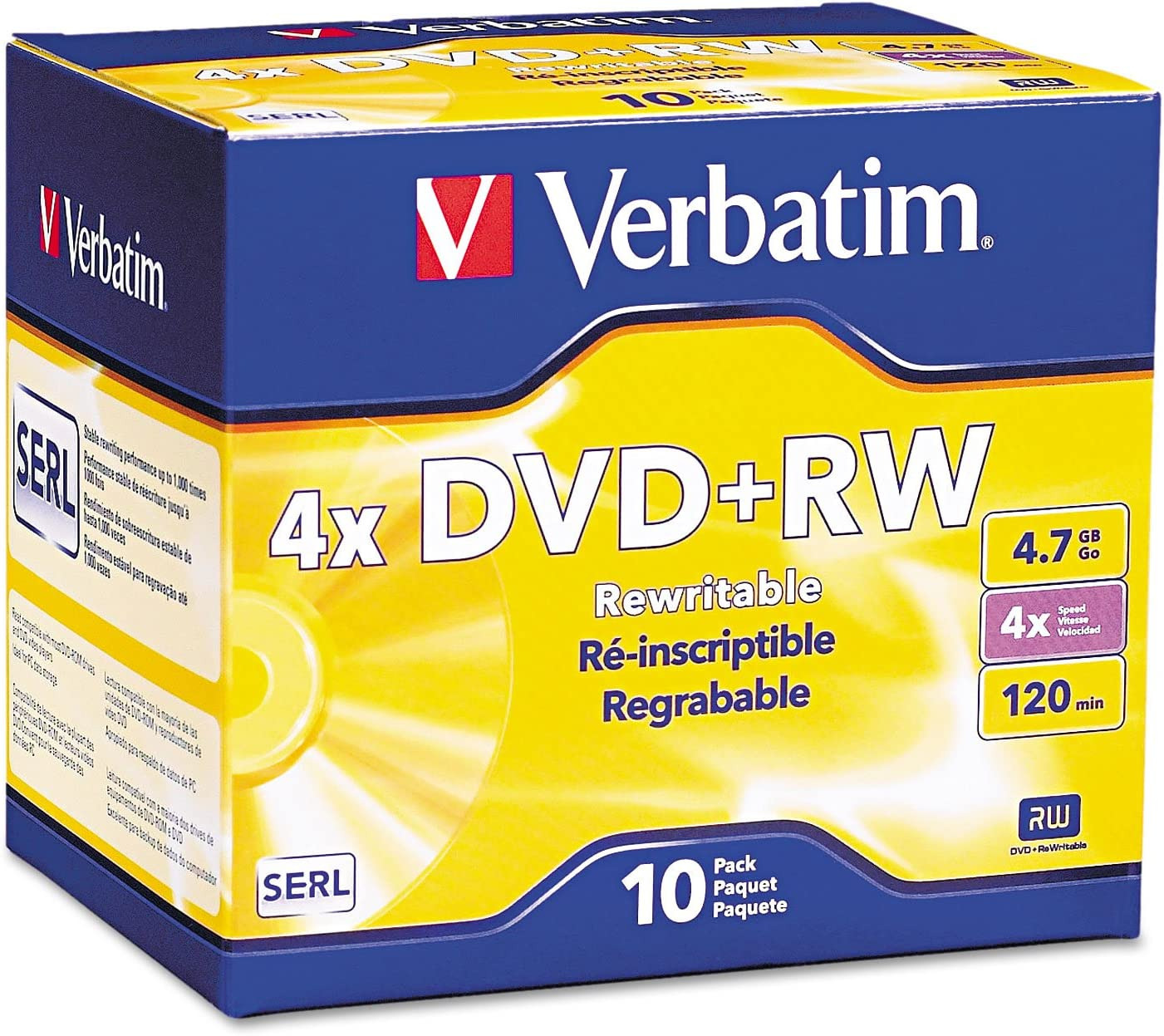 10 Pack Verbatim Blank 4X DVD+RW Logo Branded 4.7GB Rewritable DVD Disc 94834