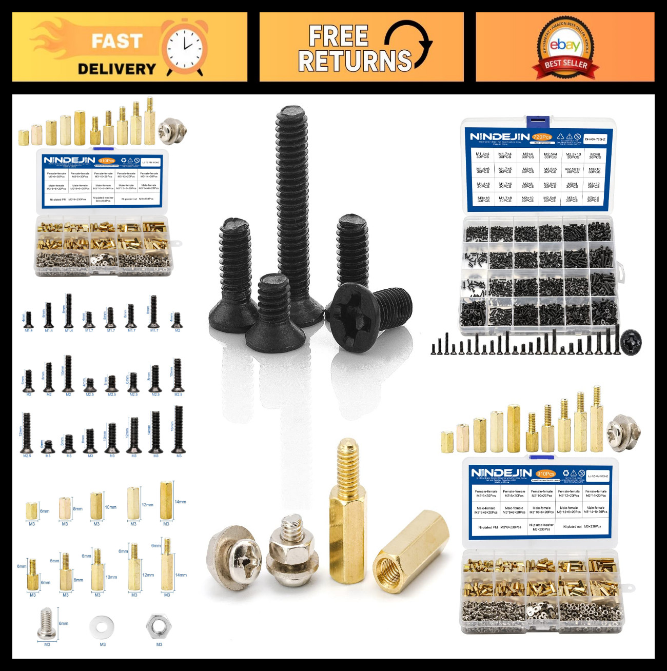 720pcs Laptop Repair Screws & 910pcs Motherboard Standoffs Kit, Flat Head & Hex