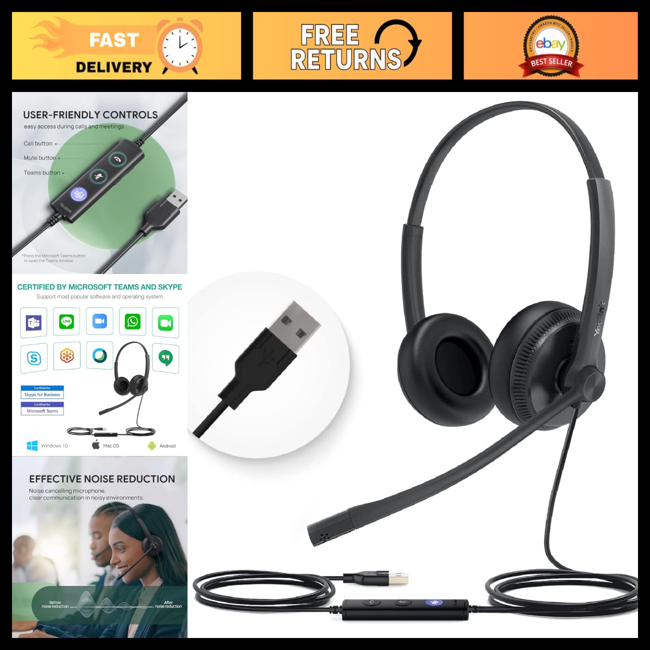Wired USB-A Headset with Noise Cancelling Mic, In-Line Control, On-Ear Design