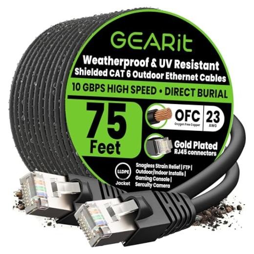Cat 6 Ethernet Cable 75 Ft, Outdoor Direct 75 Feet - Standard Cable Black