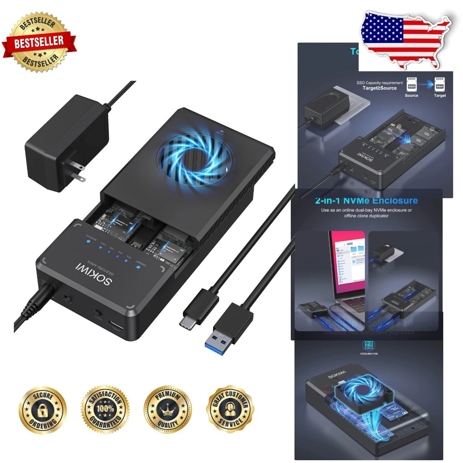 Dual-Bay NVMe M.2 SSD Duplicator 10Gbps USB 3.2 Offline Clone Tool-Free Aluminum