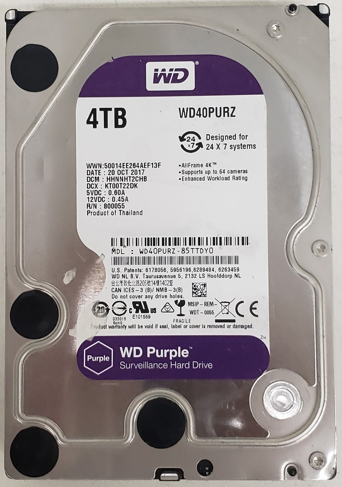 WD WD40PURZ 4TB 3.5" SATA 6Gb/s 5400RPM Surveillance HDD P/N WD40PURZ-85TTDY0.