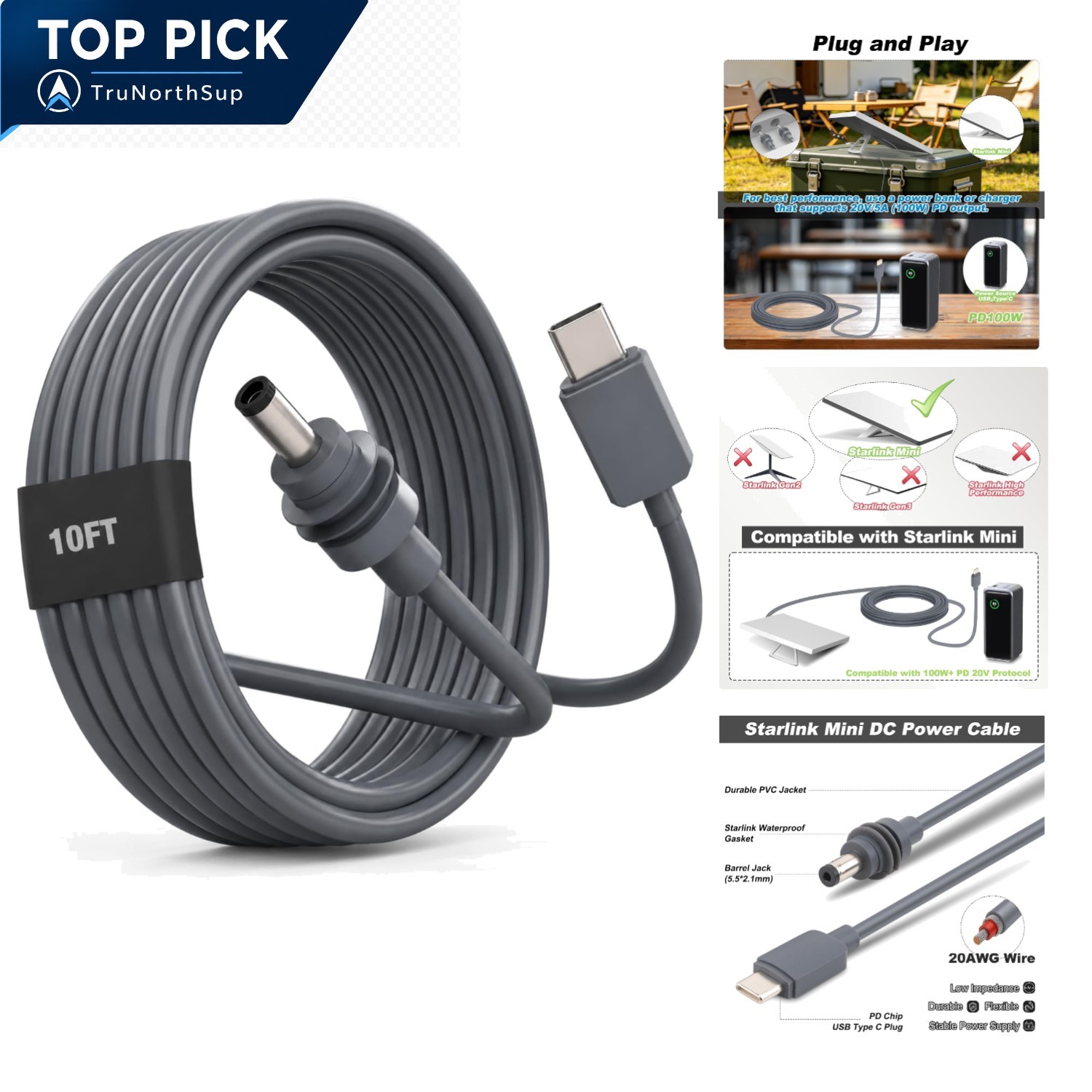 Hamadp Starlink Mini USB C to DC Power Cable 10FT Waterproof, Weatherproof