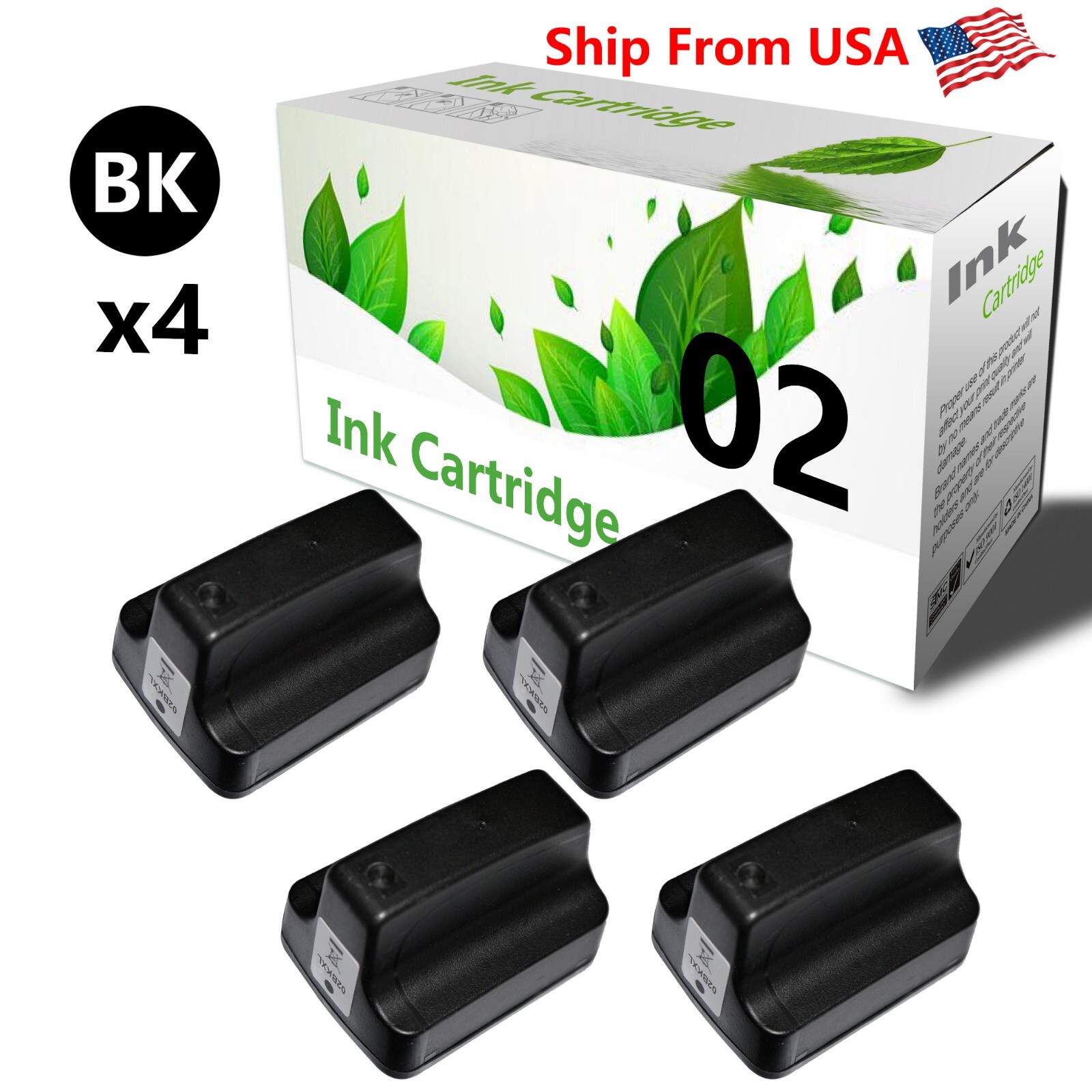 4-Pack High-Yield Black Ink Cart For HP 02 For Photosmart 3110 C5180 Printer