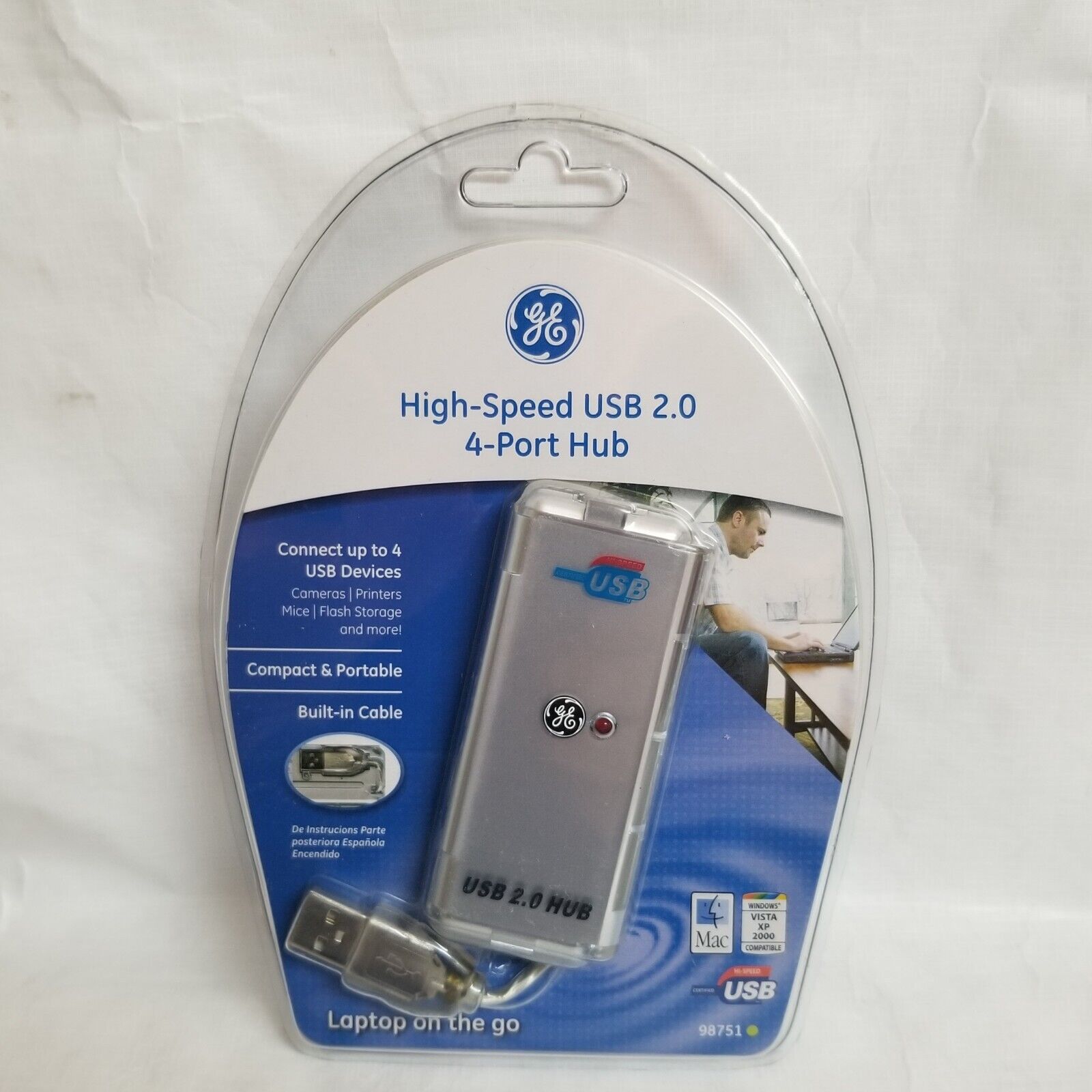 GE High Speed USB 2.0 4-Port Hub #98751 High-Speed Built in Cable Factory Sealed