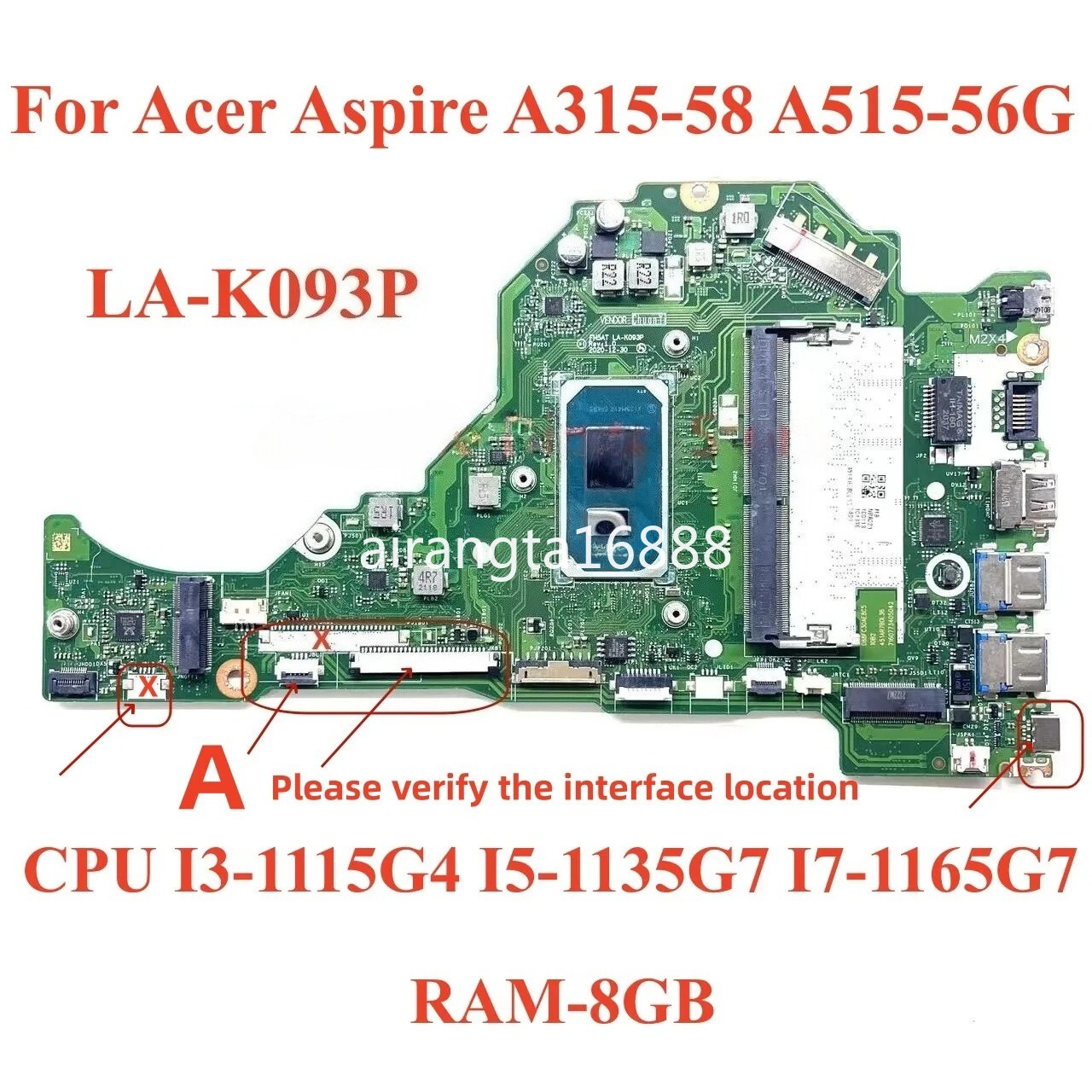 For Acer A515-56G LA-K091P motherboard with CPU I5-1135G7 I7-1165G7 RAM-4G/8GB